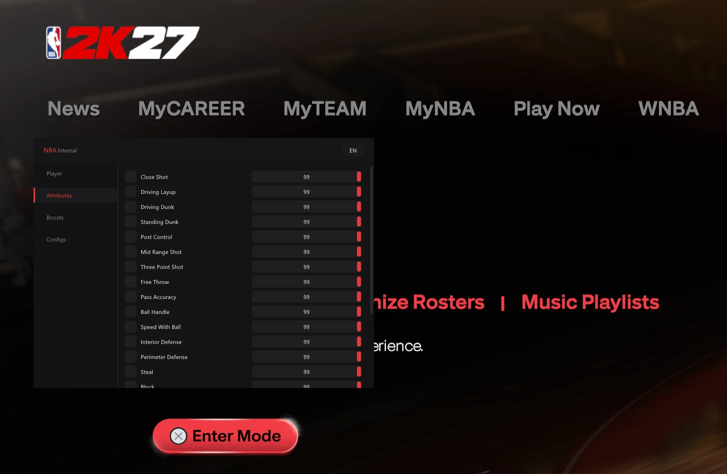The NBA 2K27 extras screen — Muscle Milk, Gatorade perks, reputation, season and skill levels