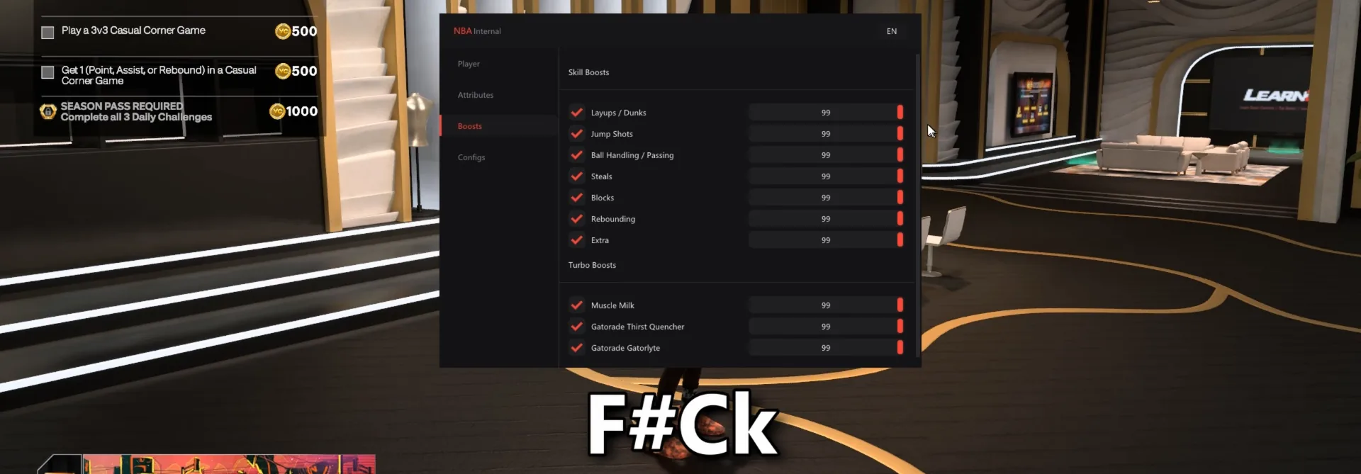 The NBA 2K27 cheat menu open over The City — Skill Boosts and Turbo Boosts sliders maxed at 99 for layups, dunks, jump shots, ball handling, steals, blocks and rebounding