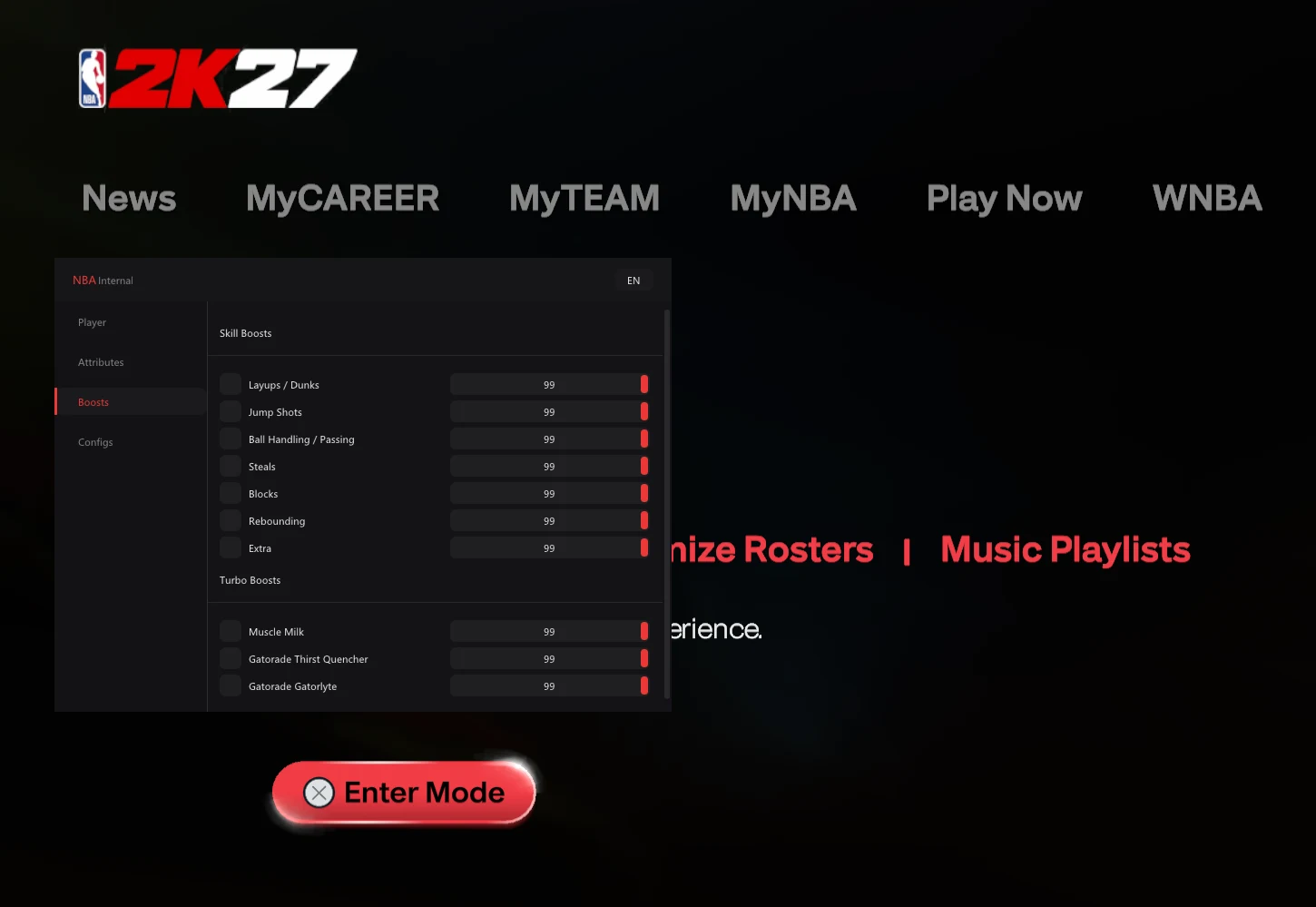 The NBA 2K27 Cheat main menu — Unlock All, Attributes, Boosts, Extra and Configs tabs